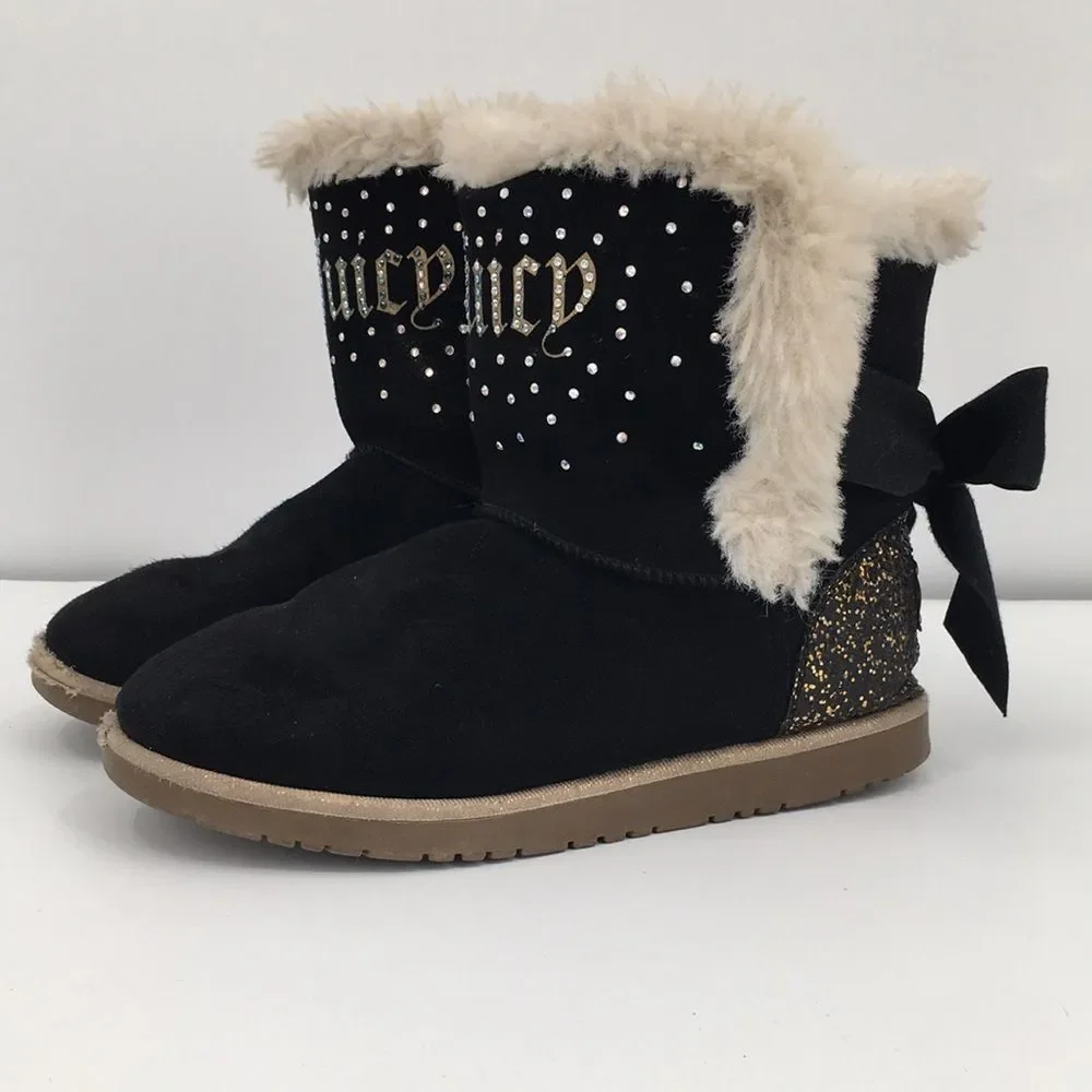 Juicy Couture Burbank Black Faux-Fur Trim Crystal-Embellished Winter Boots